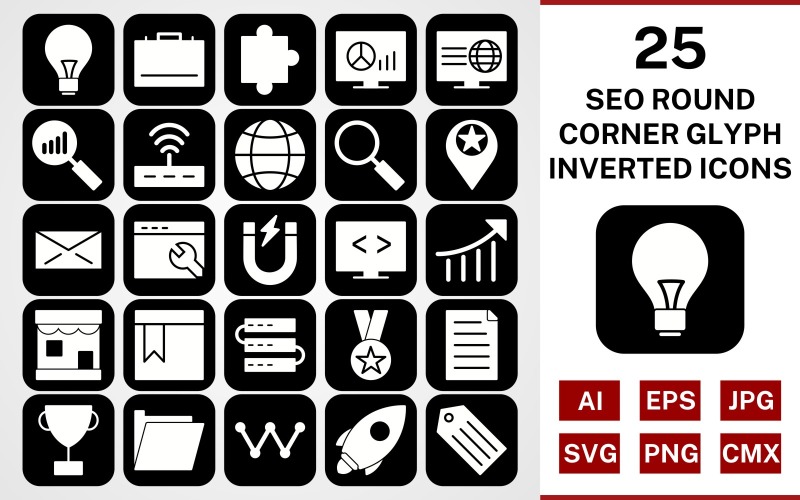 25 Seo Round Corner Glyph Inverterad Ikonuppsättning