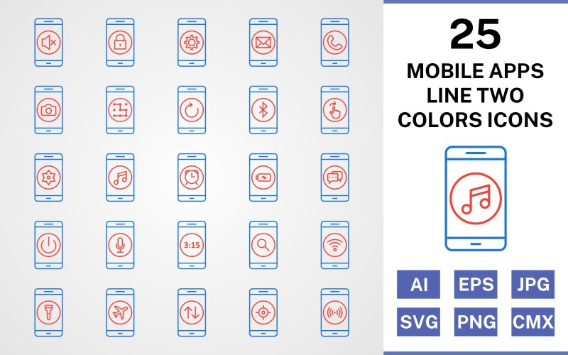 25 set di icone di due colori per la linea di app mobili