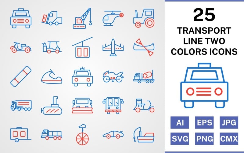Download Набор иконок "25 Transport Line Two Colors Icon Set" / 25 Transport Line Two Colors Icon Set - Набор иконок на тему transport set,file,icon,icons,line,vector,sign,symbol,pictogram,two,colors,transport,taxi,wagon,dumper,submarine,golf cart,vespa,loader,fishing boat