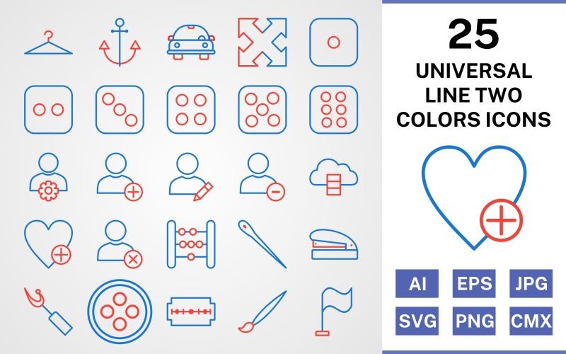 Download Набор иконок "25 Universal Line Two Colors Icon Set" / 25 Universal Line Two Colors Icon Set - Набор иконок set,file,icon,icons,line,vector,sign,symbol,pictogram,two,colors,universal,hanger,dice six,flag,needle,edit profile,staper,button,blade