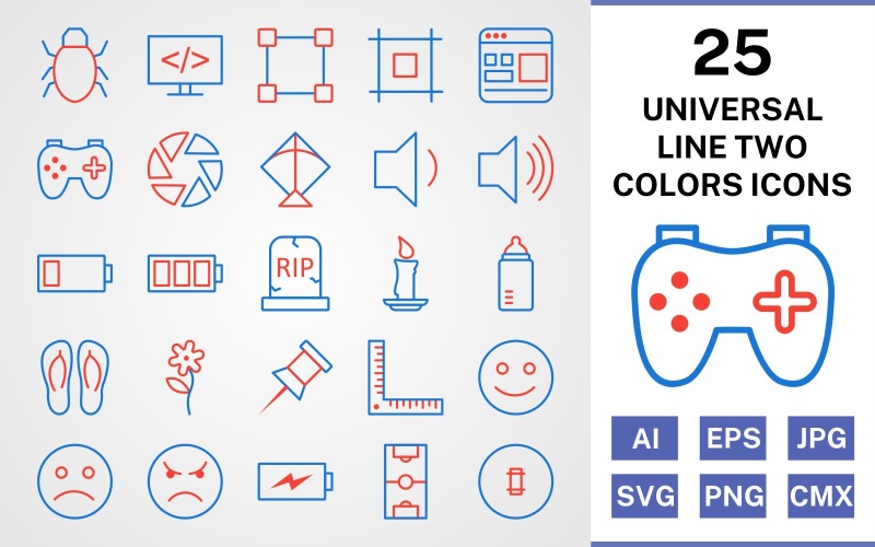 Download Набор иконок "25 Universal Line Two Colors Icon Set" / 25 Universal Line Two Colors Icon Set - Набор иконок на тему data set,file,icon,icons,line,vector,sign,symbol,pictogram,two,universal,flower,kite,bug,shutter,layout,candle,grave,low battery,colors