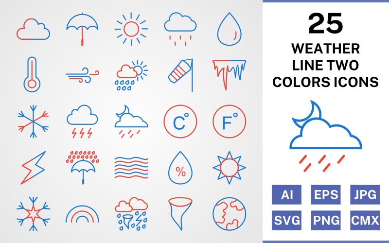 Download Набор иконок "25 Weather Line Two Colors Icon Set" / 25 Weather Line Two Colors Icon Set - Набор иконок на тему weather set,file,icon,icons,line,vector,sign,symbol,pictogram,two,colors,weather,cloud,rain,sun,tornado,rainbow,windy,rain drop,temparature