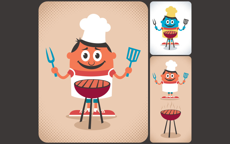 Download Иллюстрация "Barbecue - Illustration" / Barbecue - Illustration - Иллюстрация на тему графика bbq,barbecue,barbeque,grill,cooking,cook,chef,man,person,character,guy,male,cheerful,happy,fun,apron,hat,enjoying,smiling,vacation