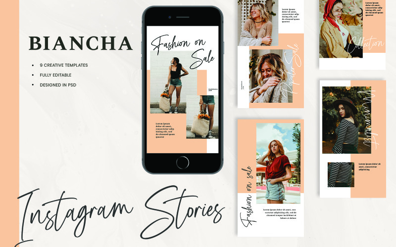 Download Шаблон для соцсетей "Biancha Fashion Instagram Stories Template for Social Media" / Biancha Fashion Instagram Stories Template for Social Media - Шаблон для соцсетей на тему графика instagram,instagramstory,brand,promote,social,fashion,editorial,stories,photoshop,design,photo,templates,graphic,business,template,banner,clothing,food,journal,lifestyle
