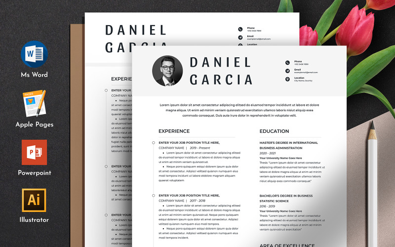 Dan- Modello di curriculum di pagine di Apple Word pulito e professionale modificabile