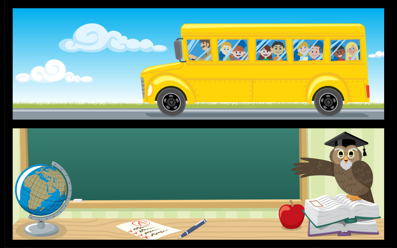 Download Иллюстрация "Educational Banners - Illustration" / Educational Banners - Illustration - Иллюстрация на тему графика school,back to school,education,banner,bus,school bus,yellow,student,kid,children,boy,girl,owl,teacher,transportation,trip,blackboard,classroom,books,globe