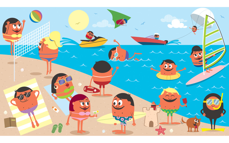 Пляжный пейзаж мультфильм - Иллюстрация