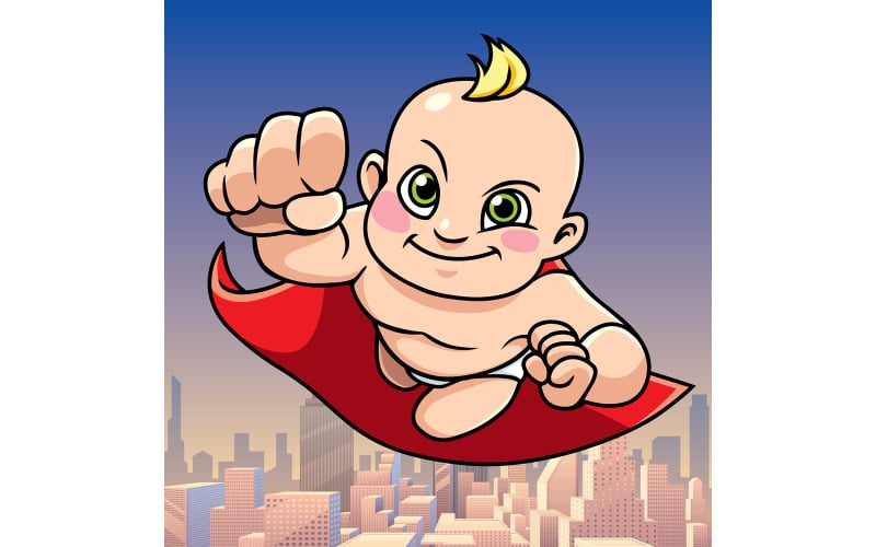 Download Иллюстрация "Super Baby City Background - Illustration" / Super Baby City Background - Illustration - Иллюстрация на тему графика hero,super,superhero,baby,boy,girl,cape,power,powerful,energy,flying,health,healthy,immunity,diaper,illustration,vector,cartoon,character,child
