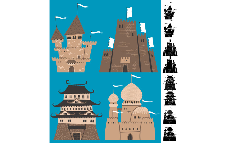 Download Иллюстрация "Cartoon Castles - Illustration" / Cartoon Castles - Illustration - Иллюстрация на тему графика castle,stronghold,fort,palace,tower,flag,gate,stone,medieval,middle ages,dark ages,fantasy,fairy tale,fairy,tale,history,ancient,antiquity,architecture,building