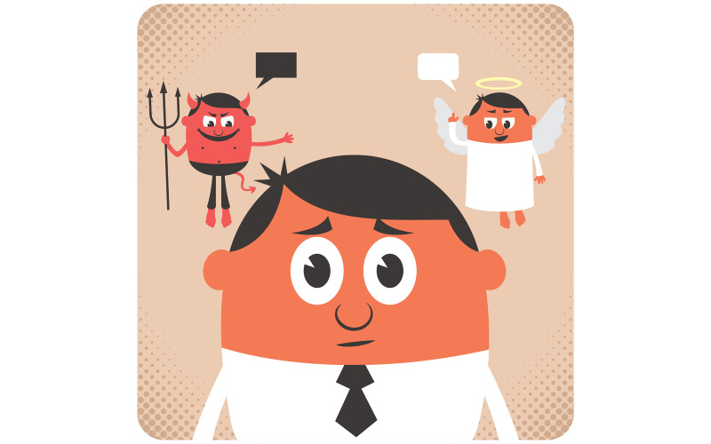 Download Иллюстрация "Conscience - Illustration" / Conscience - Illustration - Иллюстрация на тему графика dilemma,moral,conscience,hesitation,angel,devil,advice,decision,choice,thinking,uncertainty,guilt,concepts,good,evil,struggle,mind,guardian,man,person