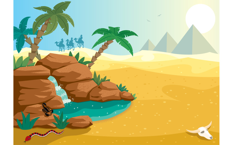 Download Иллюстрация "Desert Oasis - Illustration" / Desert Oasis - Illustration - Иллюстрация на тему графика desert,oasis,desert oasis,wilderness,landscape,background,sahara,africa,african,north,egypt,egyptian,giza,arab,arabian,cartoon,illustration,spring,pond,lake