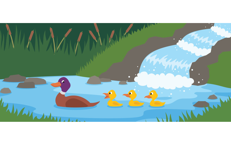 Download Иллюстрация "Duck Tale - Illustration" / Duck Tale - Illustration - Иллюстрация на тему графика duck,duckling,animal,nature,landscape,background,bird,parent,babies,spring,stream,waterfall,river,lake,pond,swimming,bush,reed,fantasy,fairy tale