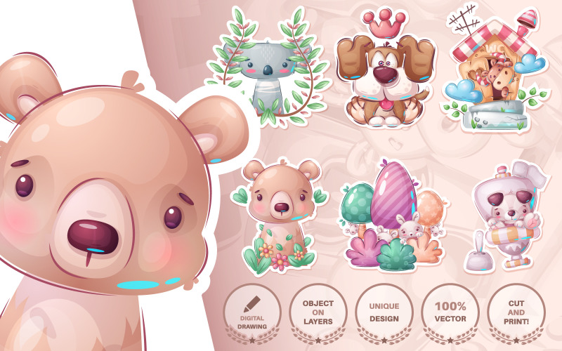 Download Иллюстрация "Set Cute Sticker - Seamless Pattern - Illustration" / Set Cute Sticker - Seamless Pattern - Illustration - Иллюстрация на тему графика koala,dog,puppy,cow,ox,bull,bear,forest,rabbit,bunny seamless,pattern,cartoon,character,illustration,picture,smile,emotion,draw,pet,wild