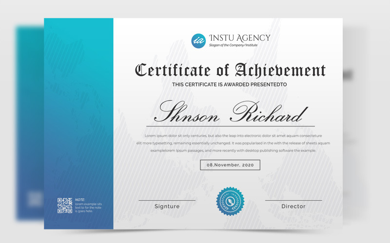 Download Шаблон сертификата "Cyan Certificate of Achievement Certificate Template" / Cyan Certificate of Achievement Certificate Template - Шаблон сертификата на тему графика achievement,certificate,diploma,print,design,layout,bank,elegant,college,university,appreciation,award,fram,gift,paper,business
