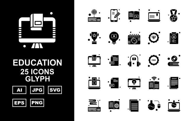 Download Набор иконок "25 Premium Education Glyph Pack Icon Set" / 25 Premium Education Glyph Pack Icon Set - Набор иконок на тему science keyboard,doc file,book,document,test tube,laptop,mobile,learning,award,trophy,bulb,calendar,diamond,lcd,headphone,free,cd,icon,icons