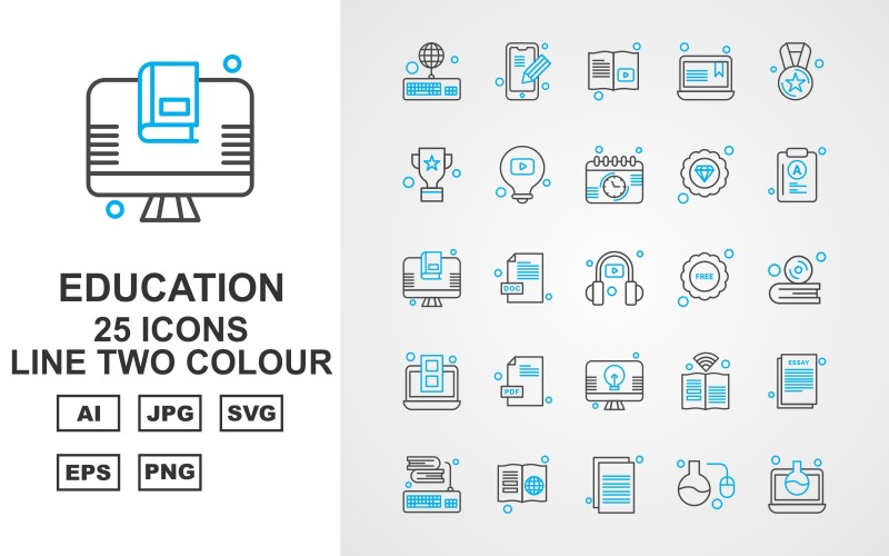 Download Набор иконок "25 Premium Education Line Two Color Pack Icon Set" / 25 Premium Education Line Two Color Pack Icon Set - Набор иконок на тему science keyboard,doc file,book,document,test tube,laptop,mobile,learning,award,trophy,bulb,calendar,diamond,lcd,headphone,free,cd,icon,icons