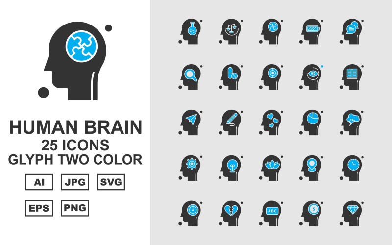 25 Premium zestaw ikon glifów ludzkiego mózgu w dwóch kolorach