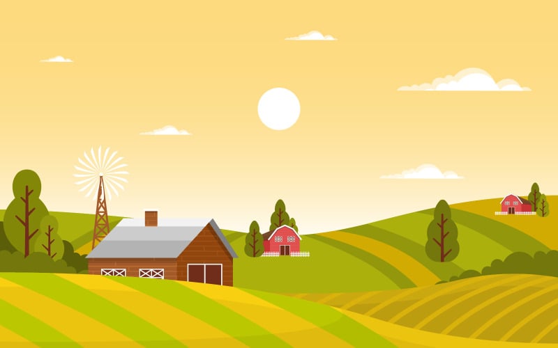 Download Иллюстрация "Evening Field Landscape - Illustration" / Evening Field Landscape - Illustration - Иллюстрация на тему графика agriculture,wheat,field,farm,rural,nature,scene,landscape,illustration,vector,crop,background,grain,land,meadow,nutrition,harvest,poster,farmland,ranch