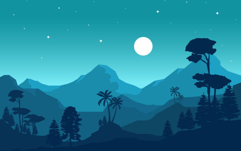 Download Иллюстрация "Evening Mountain Landscape - Illustration" / Evening Mountain Landscape - Illustration - Иллюстрация на тему графика calm,mountain,forest,wild,nature,scene,landscape,monochrome,vector,horizon,illustration,adventure,sky,rock,winter,climbing,journey,panoramic,view,pine