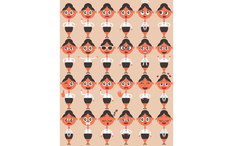 Download Иллюстрация "Female Character Emotions - Illustration" / Female Character Emotions - Illustration - Иллюстрация на тему графика businesswoman,manager,woman,people,character,cartoon,retro,vintage,emotion,pose,situation,emoticon,smile,mood,set