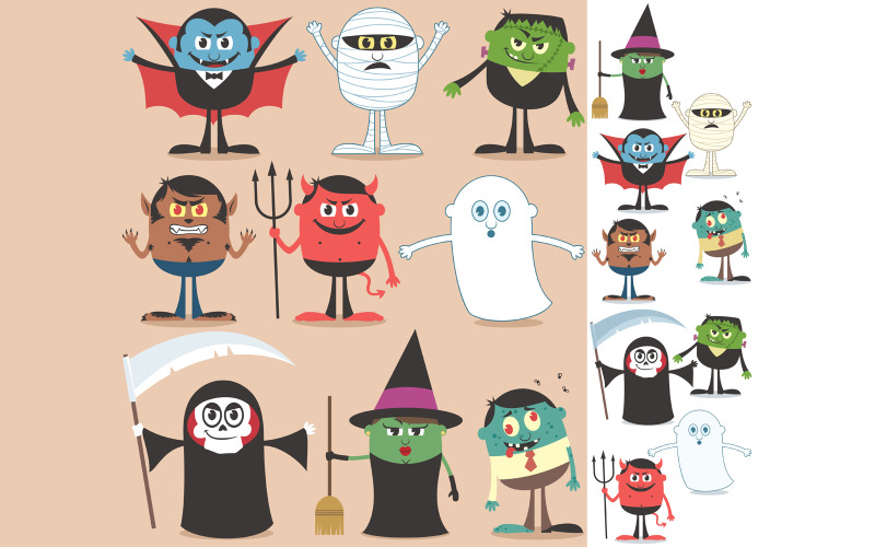 Download Иллюстрация "Halloween Characters - Illustration" / Halloween Characters - Illustration - Иллюстрация на тему графика halloween,character,cartoon,set,pack,collection,monster,beast,creature,vampire,count,dracula,mummy,frankenstein,werewolf,devil,ghost,reaper,grim reaper,witch