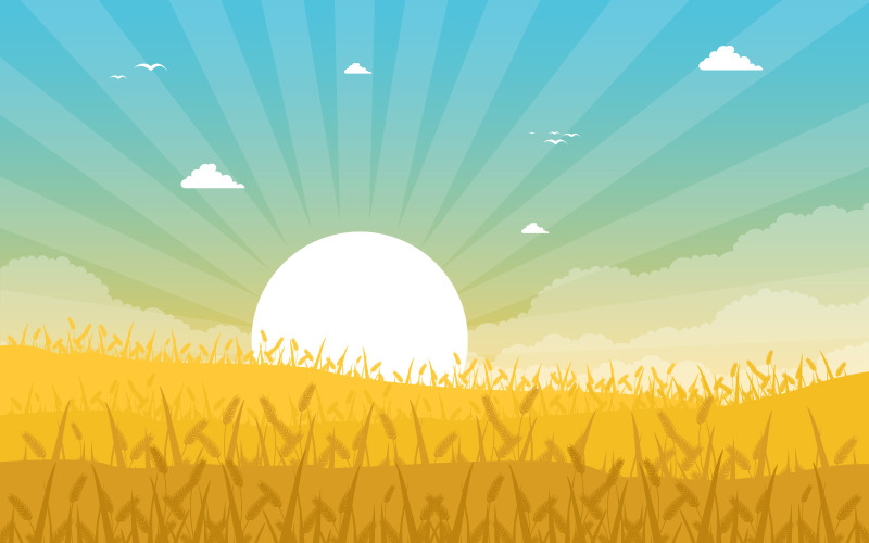 Download Иллюстрация "Morning Wheat Field - Illustration" / Morning Wheat Field - Illustration - Иллюстрация на тему графика agriculture,wheat,field,farm,rural,nature,scene,landscape,illustration,vector,crop,background,grain,land,meadow,nutrition,harvest,poster,farmland,ranch