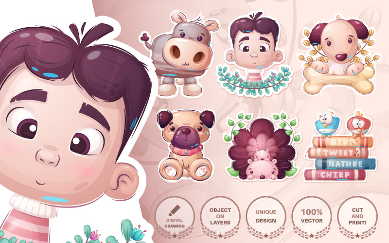 Download Иллюстрация "Set Cute Sticker - Seamless Pattern - Illustration" / Set Cute Sticker - Seamless Pattern - Illustration - Иллюстрация на тему графика hippo,boy,dog,puppy,hedgehog,bird,book,seamless,pattern,cartoon,character,illustration,picture,smile,emotion,draw,pet,wild,animals,animal