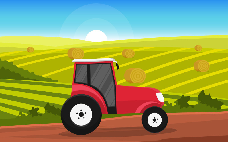 Traktor pšeničné pole - ilustrace