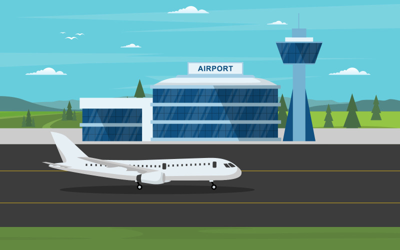 Download Иллюстрация "Aircraft Plane Airport - Illustration" / Aircraft Plane Airport - Illustration - Иллюстрация на тему графика aircraft,plane,runway,airport,terminal,building,landscape,skyline,illustration,vector,sky,tower,watch,control,takeoff,space,horizontal,jet,take,exterior