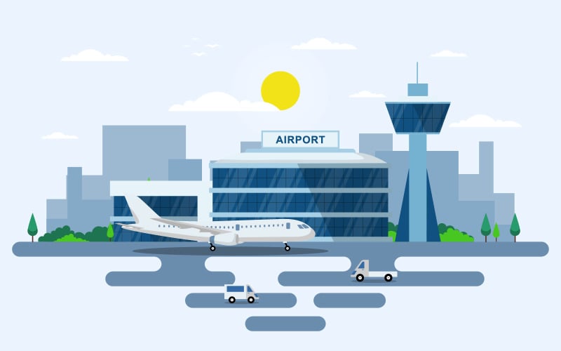 Download Иллюстрация "Airport Aircraft Runway - Illustration" / Airport Aircraft Runway - Illustration - Иллюстрация на тему графика aircraft,plane,runway,airport,terminal,building,landscape,skyline,illustration,vector,sky,tower,watch,control,takeoff,space,horizontal,jet,take,exterior