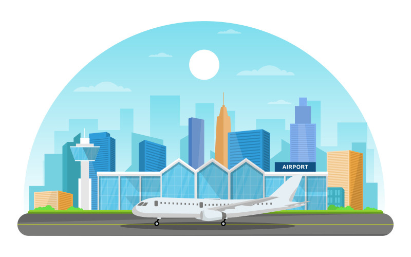 Download Иллюстрация "Airport Building Landscape - Illustration" / Airport Building Landscape - Illustration - Иллюстрация на тему графика aircraft,plane,runway,airport,terminal,building,landscape,skyline,illustration,vector,sky,tower,watch,control,takeoff,space,horizontal,jet,take,exterior