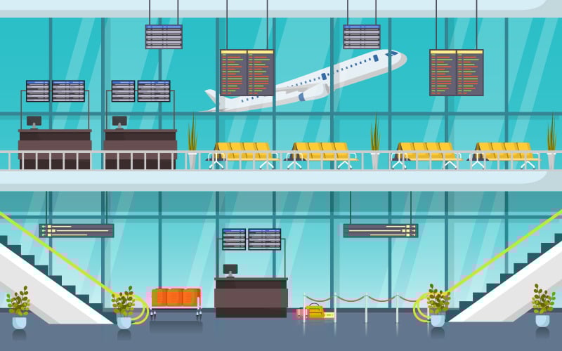 Download Иллюстрация "Airport Hall Gateway - Illustration" / Airport Hall Gateway - Illustration - Иллюстрация на тему графика airport,airplane,terminal,gate,waiting,room,hall,interior,flat,illustration,arrival,departure,vector,window,inside,background,vacation,digital,empty,plane