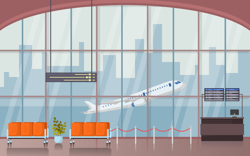 Download Иллюстрация "Airport Waiting Room - Illustration" / Airport Waiting Room - Illustration - Иллюстрация на тему графика airport,airplane,terminal,gate,waiting,room,hall,interior,flat,illustration,arrival,departure,vector,window,inside,background,vacation,digital,empty,plane