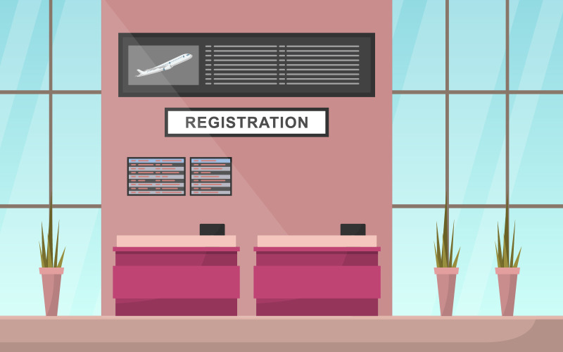 Download Иллюстрация "Arrival Gate Interior - Illustration" / Arrival Gate Interior - Illustration - Иллюстрация на тему графика airport,airplane,terminal,gate,arrival,departure,hall,interior,flat,illustration,vector,window,inside,waiting,background,vacation,digital,empty,plane,room