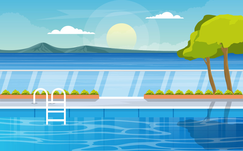 Download Иллюстрация "Hotel Nature View - Illustration" / Hotel Nature View - Illustration - Иллюстрация на тему графика water,outdoor,swimming,pool,hotel,city,relax,view,nature,illustration,landscape,summer,background,vector,banner,beach,ripple,ocean,spa,surface