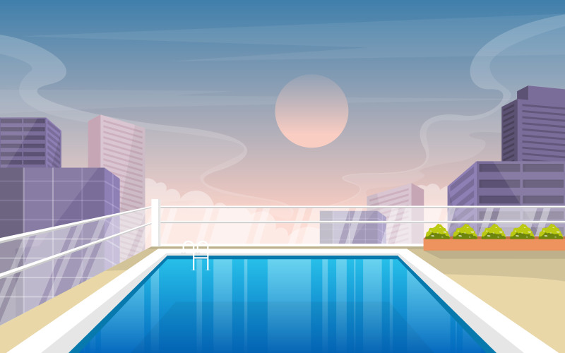 Отель с открытым бассейном - Иллюстрация