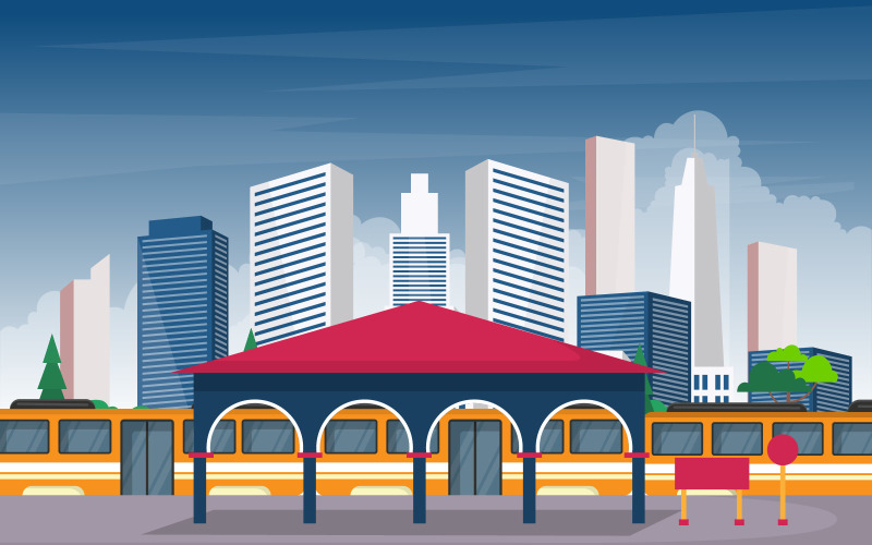 Download Иллюстрация "Public Transport Station - Illustration" / Public Transport Station - Illustration - Иллюстрация на тему графика railway,public,transport,commuter,metro,train,station,flat,illustration,railroad,fast,mass,subway,vector,underground,design,platform,background,cartoon,city