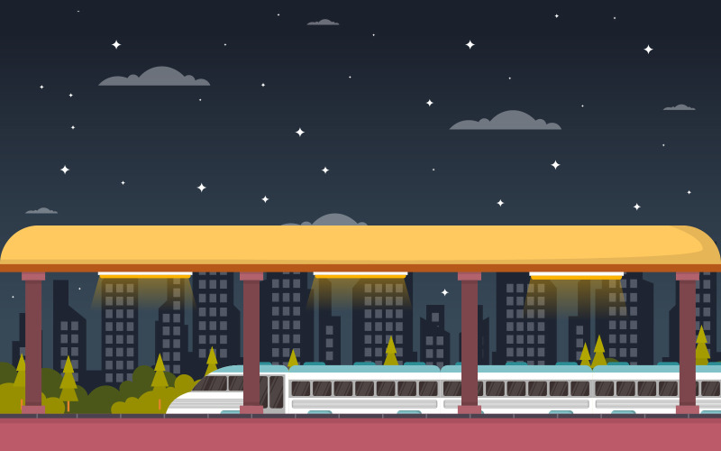 Download Иллюстрация "Railway Commuter Train - Illustration" / Railway Commuter Train - Illustration - Иллюстрация на тему графика railway,public,transport,commuter,metro,train,station,flat,illustration,railroad,fast,mass,subway,vector,underground,design,platform,background,cartoon,city