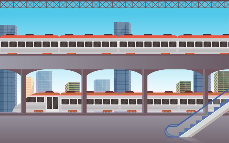 Download Иллюстрация "Railway Train Station - Illustration" / Railway Train Station - Illustration - Иллюстрация на тему графика railway,public,transport,commuter,metro,train,station,flat,illustration,railroad,fast,mass,subway,vector,underground,design,platform,background,cartoon,city