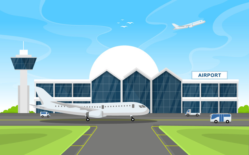 Download Иллюстрация "Runaway Plane Airport - Illustration" / Runaway Plane Airport - Illustration - Иллюстрация на тему графика aircraft,plane,runway,airport,terminal,building,landscape,skyline,illustration,vector,sky,tower,watch,control,takeoff,space,horizontal,jet,take,exterior
