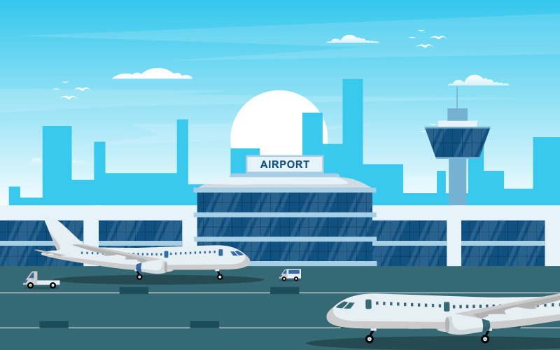 Download Иллюстрация "Runway Airplane Landscape - Illustration" / Runway Airplane Landscape - Illustration - Иллюстрация на тему графика aircraft,plane,runway,airport,terminal,building,landscape,skyline,illustration,vector,sky,tower,watch,control,takeoff,space,horizontal,jet,take,exterior