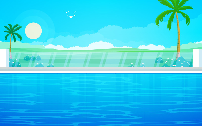 Download Иллюстрация "Swimming Pool Landscape - Illustration" / Swimming Pool Landscape - Illustration - Иллюстрация на тему графика water,outdoor,swimming,pool,hotel,city,relax,view,nature,illustration,landscape,summer,background,vector,banner,beach,ripple,ocean,spa,surface