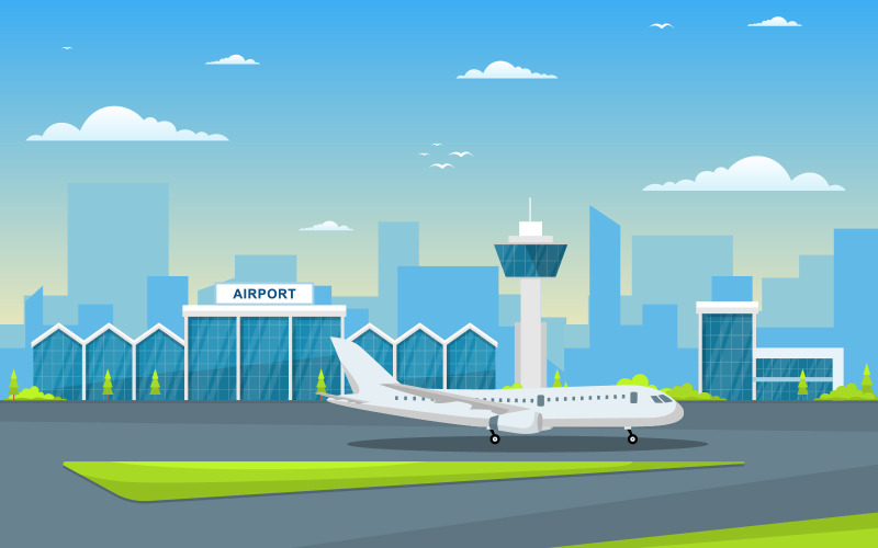 Download Иллюстрация "Terminal Airplane Building - Illustration" / Terminal Airplane Building - Illustration - Иллюстрация на тему графика aircraft,plane,runway,airport,terminal,building,landscape,skyline,illustration,vector,sky,tower,watch,control,takeoff,space,horizontal,jet,take,exterior