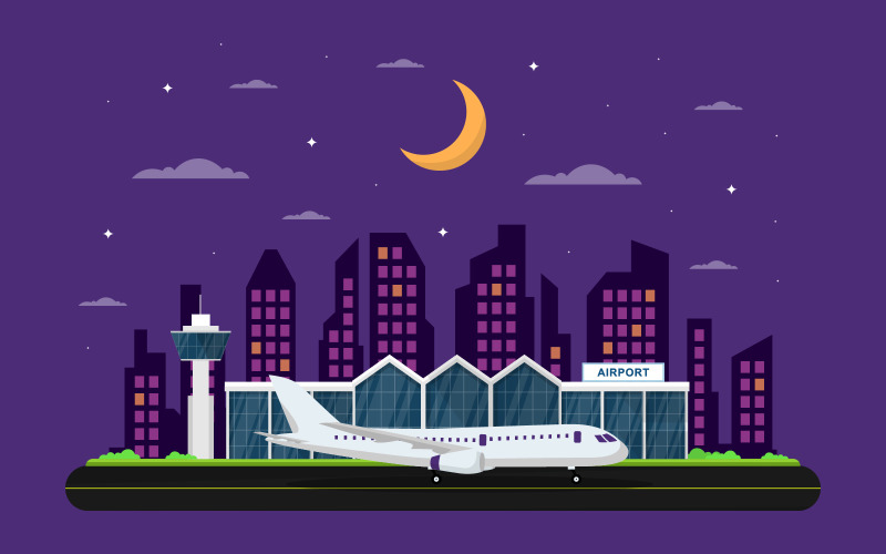 Download Иллюстрация "Terminal Building Landscape - Illustration" / Terminal Building Landscape - Illustration - Иллюстрация на тему графика aircraft,plane,runway,airport,terminal,building,landscape,skyline,illustration,vector,sky,tower,watch,control,takeoff,space,horizontal,jet,take,exterior