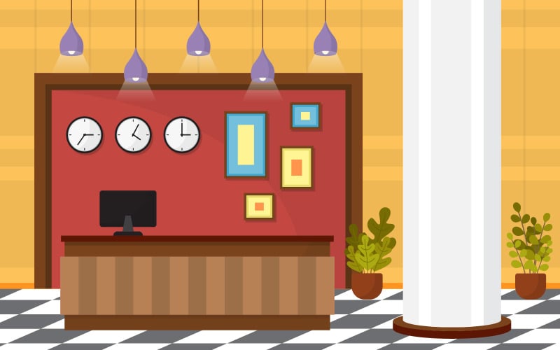 Download Иллюстрация "Hotel Reception Lobby - Illustration" / Hotel Reception Lobby - Illustration - Иллюстрация на тему графика hotel,lobby,reception,desk,vector,office,receptionist,business,cartoon,hall,travel,airport,counter,illustration,registration,flat,guest,service,accommodation,help