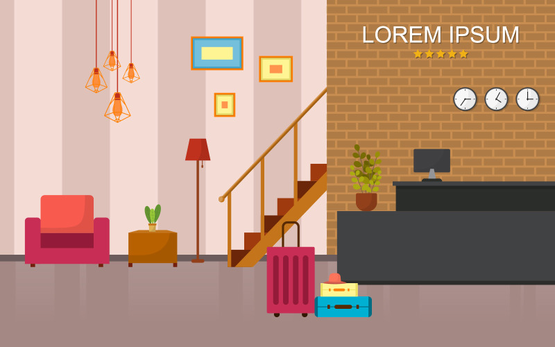 Download Иллюстрация "Hotel Reception Room - Illustration" / Hotel Reception Room - Illustration - Иллюстрация на тему графика hotel,lobby,reception,desk,vector,office,receptionist,business,cartoon,hall,travel,airport,counter,illustration,registration,flat,guest,service,accommodation,help