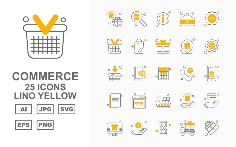 25 Conjunto de ícones amarelos Premium da linha de compras e comércio