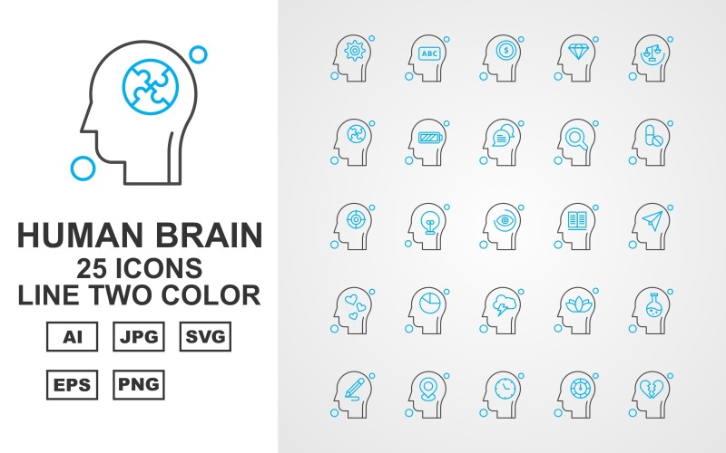 25 Conjunto de ícones de duas cores da linha de cérebro humano Premium