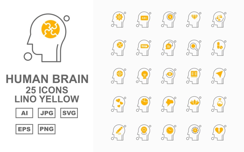 25 Conjunto de ícones premium amarelo Lino para cérebro humano