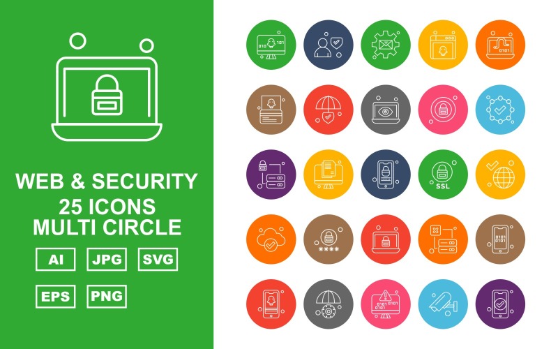Набор из 25 значков Premium Web и Security Multi Circle